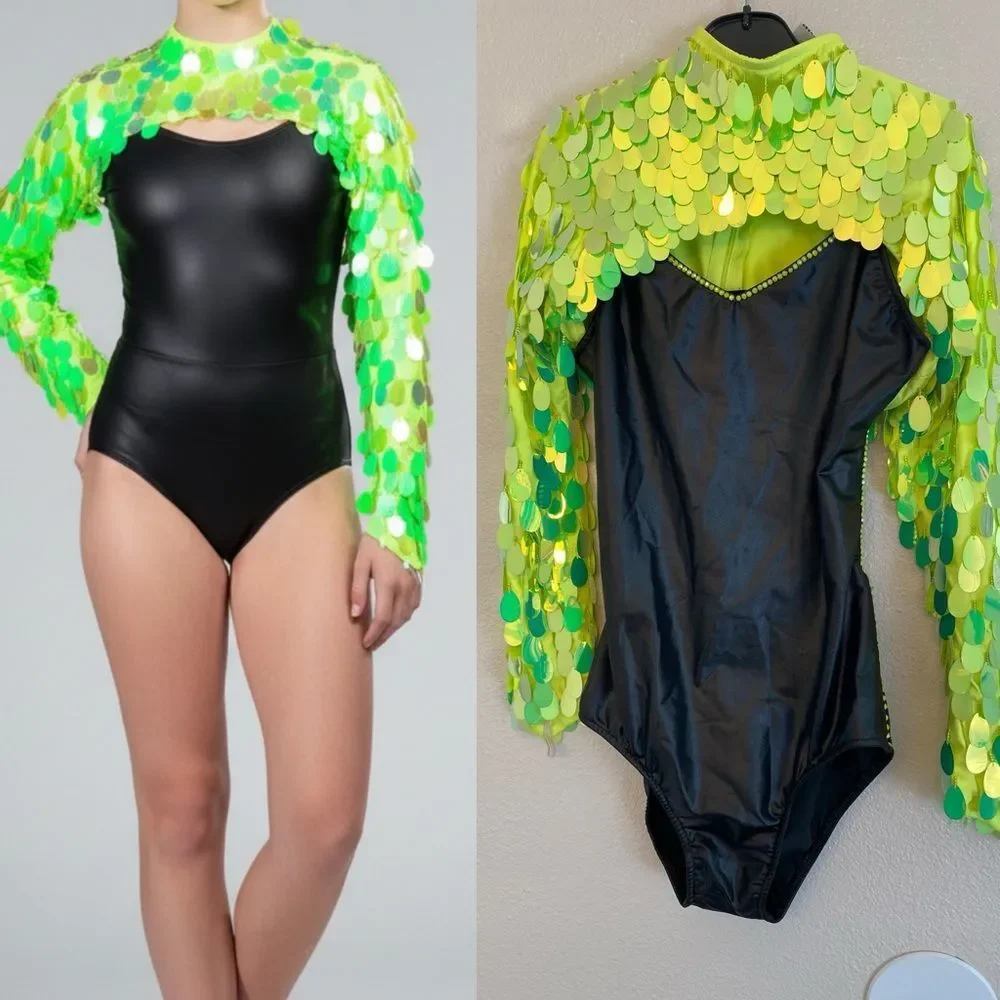 Glamour dance costume neon green leotard black green shrug fringe bling LA adult